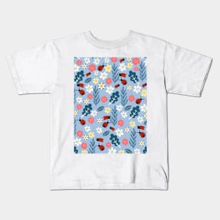 Spring meadow in bloom with ladybirds on sky blue background Kids T-Shirt